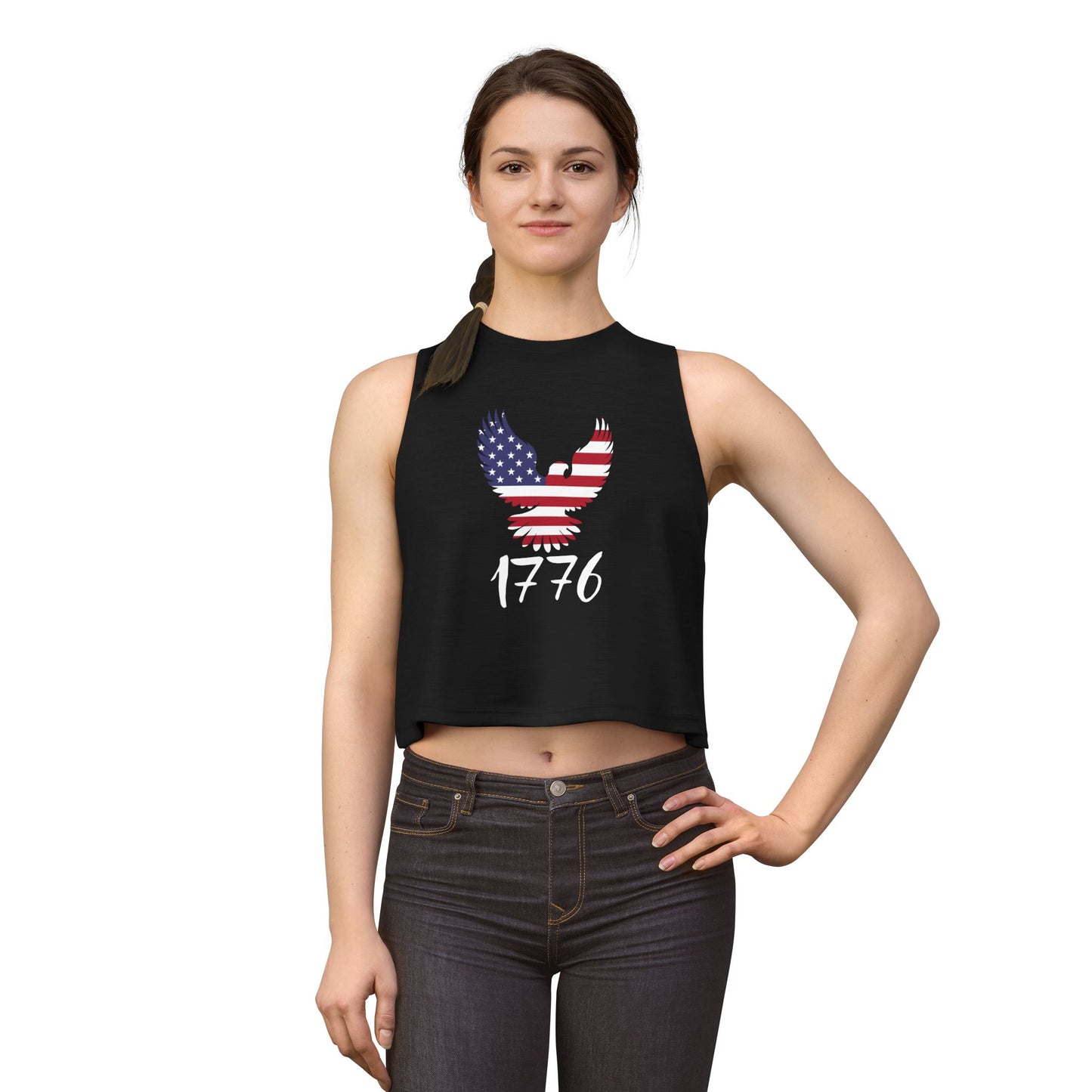 1776 Heritage Women's Racerback Cropped Tank | USA Bald Eagle Graphic