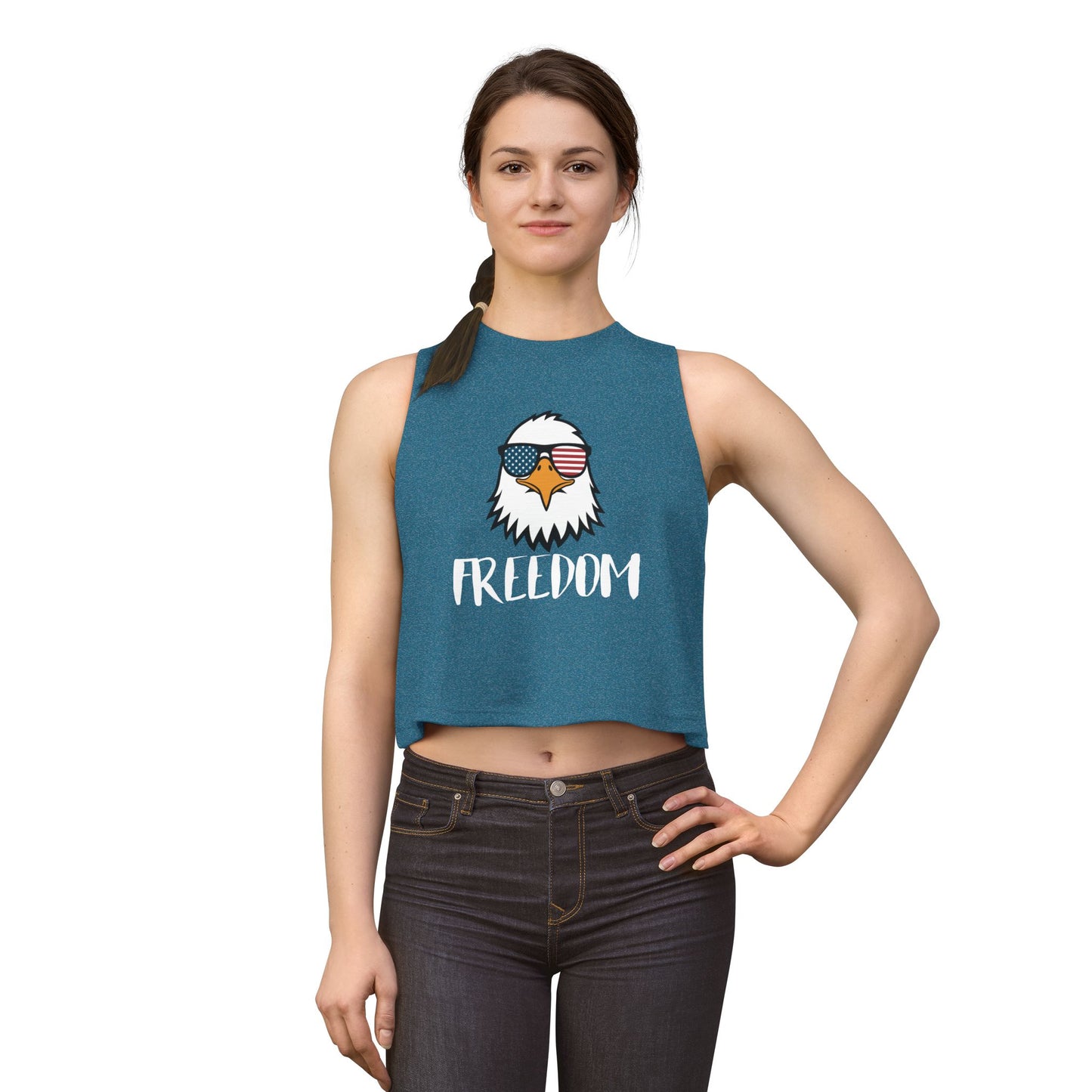 Freedom Eagle Aviator Women's Racerback Cropped Tank | USA Bald Eagle Graphic