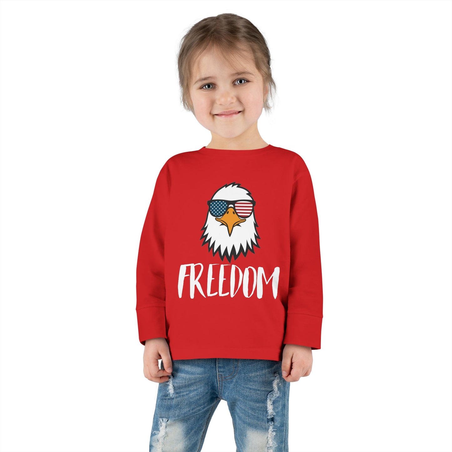Toddler Long Sleeve Tee — 'Freedom' Eagle with Sunglasses | Patriotic 4th of July Kids Shirt