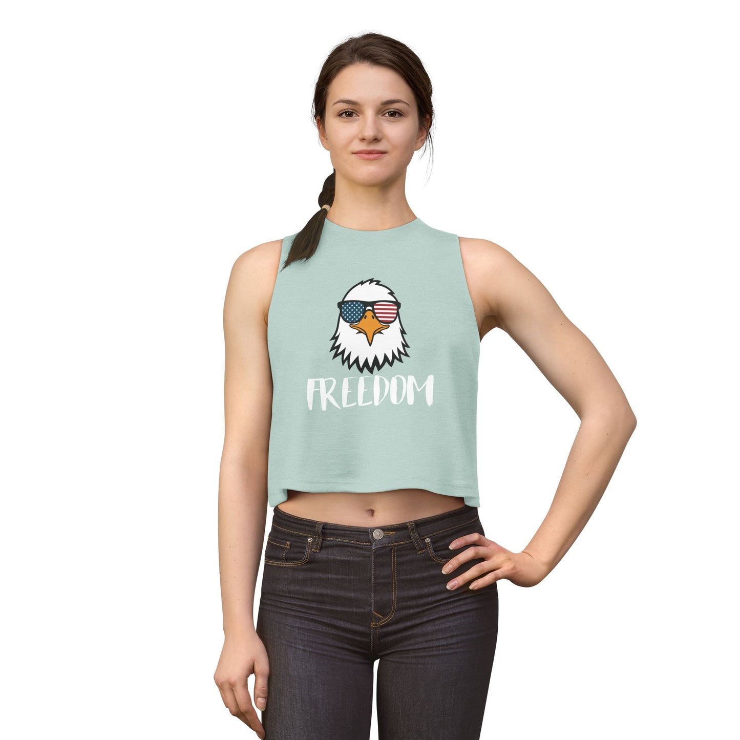 Freedom Eagle Aviator Women's Racerback Cropped Tank | USA Bald Eagle Graphic