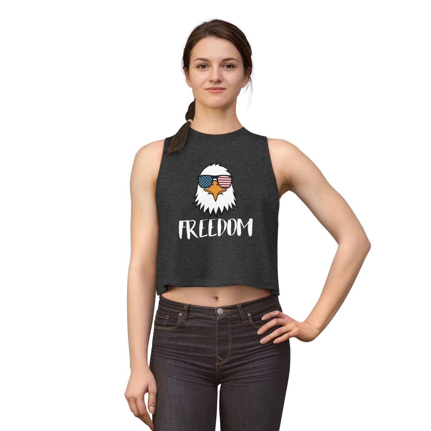 Freedom Eagle Aviator Women's Racerback Cropped Tank | USA Bald Eagle Graphic